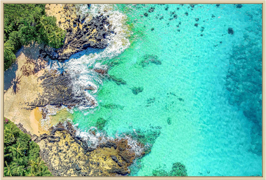 Secret Bay - Maui Fine Art Collective - 3500-5500, 800-3500, beach, Best Wall Artwork, blue, Cove, green, Hawaii, horizontal, Island, Lance Ehrecke, makena, maui, Maui Hawaii Fine Art Photography, Maui Hawaii Wall Art, new arrivals, New Moments, ocean, open-edition, over-5500, Palm Trees, palm-tree, Reef, rocks, sand, size-16x-24, size-24-x-36, size-32-x-52, size-40-x-60, teal, waves