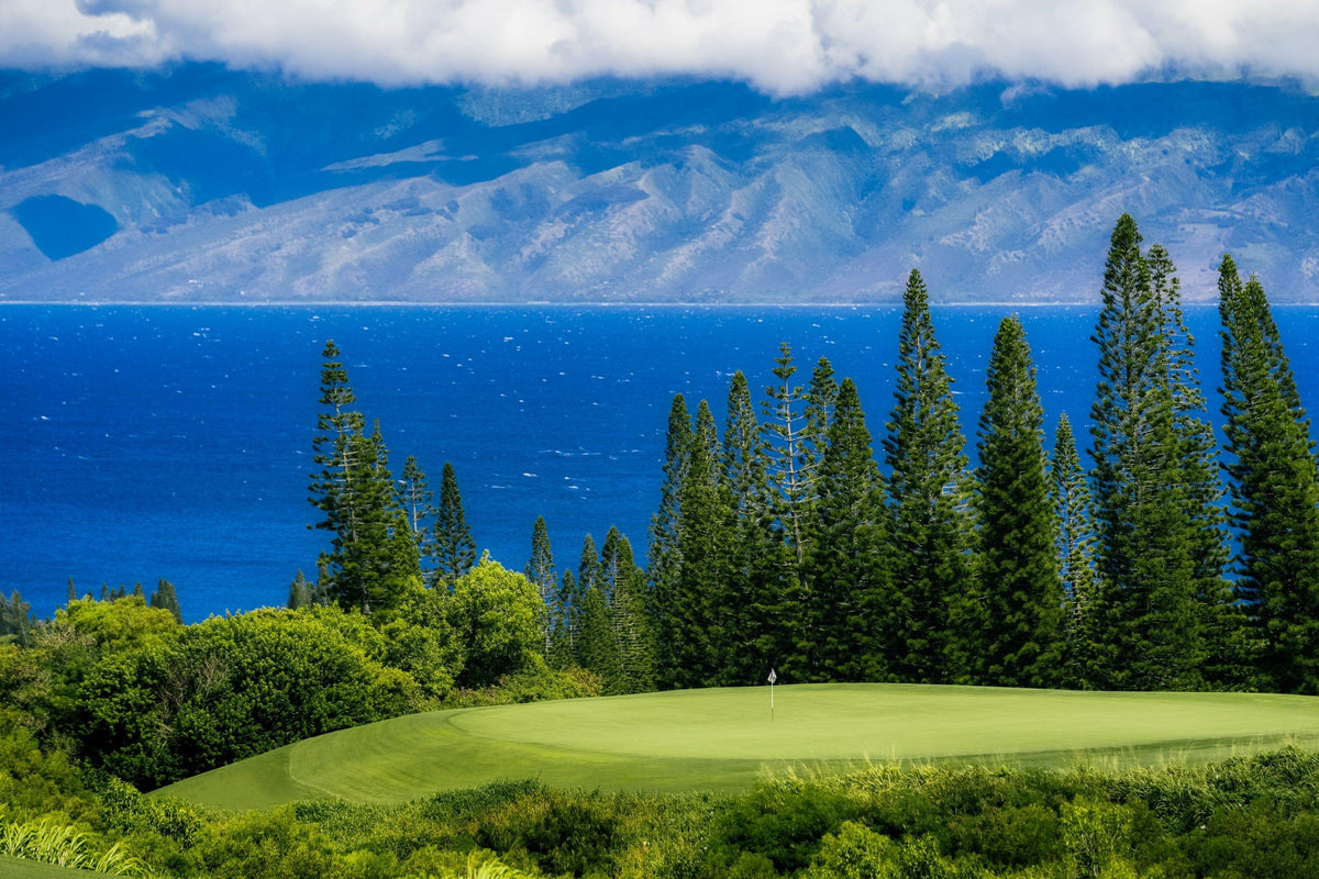 Serenade in the Sun by Lance Ehrecke, photograph of Hole 12 at Kapalua's Plantation Course with Molokaʻi beyond.