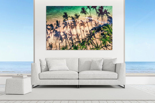 Shady Palms - Maui Fine Art Collective - 3500-5500, 800-3500, beach, Best Wall Artwork, Cove, green, Hawaii, horizontal, Island, kihei, Lance Ehrecke, maui, Maui Hawaii Fine Art Photography, Maui Hawaii Wall Art, ocean, open-edition, over-5500, Palm Trees, palm-tree, rocks, sand, size-16x-24, size-24-x-36, size-40-x-60, teal, waves