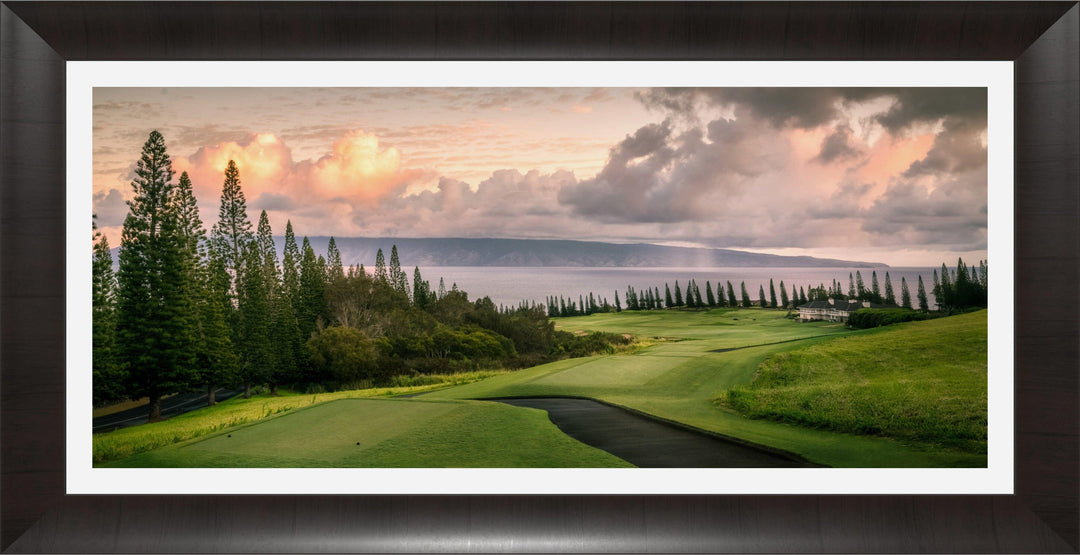 Sunrise Majesty - Maui Fine Art Collective - 3500-5500, 800-3500, Acrylic, Artwork, Best Wall Artwork, Canvas, clouds, forest, Golf, Golf Course, green, Hawaii, Hole 18, horizontal, Island, Kapalua, Kapalua Golf, Lance Ehrecke, maui, Maui Hawaii Fine Art Photography, Maui Hawaii Wall Art, Metal, New Moments, ocean, open-edition, over-5500, panoramic, pathway, Plantation Course, Prints, Sunrise, Trees, Visual Artwork, yellow