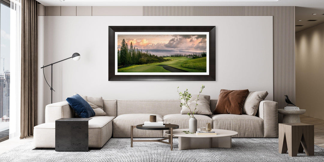 Sunrise Majesty - Maui Fine Art Collective - 3500-5500, 800-3500, Acrylic, Artwork, Best Wall Artwork, Canvas, clouds, forest, Golf, Golf Course, green, Hawaii, Hole 18, horizontal, Island, Kapalua, Kapalua Golf, Lance Ehrecke, maui, Maui Hawaii Fine Art Photography, Maui Hawaii Wall Art, Metal, New Moments, ocean, open-edition, over-5500, panoramic, pathway, Plantation Course, Prints, Sunrise, Trees, Visual Artwork, yellow