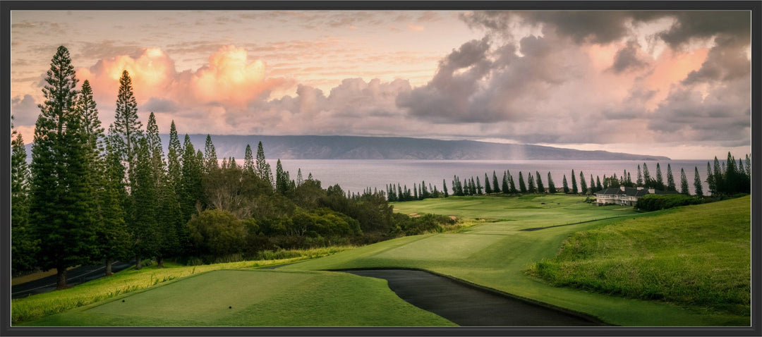 Sunrise Majesty - Maui Fine Art Collective - 3500-5500, 800-3500, Acrylic, Artwork, Best Wall Artwork, Canvas, clouds, forest, Golf, Golf Course, green, Hawaii, Hole 18, horizontal, Island, Kapalua, Kapalua Golf, Lance Ehrecke, maui, Maui Hawaii Fine Art Photography, Maui Hawaii Wall Art, Metal, New Moments, ocean, open-edition, over-5500, panoramic, pathway, Plantation Course, Prints, Sunrise, Trees, Visual Artwork, yellow