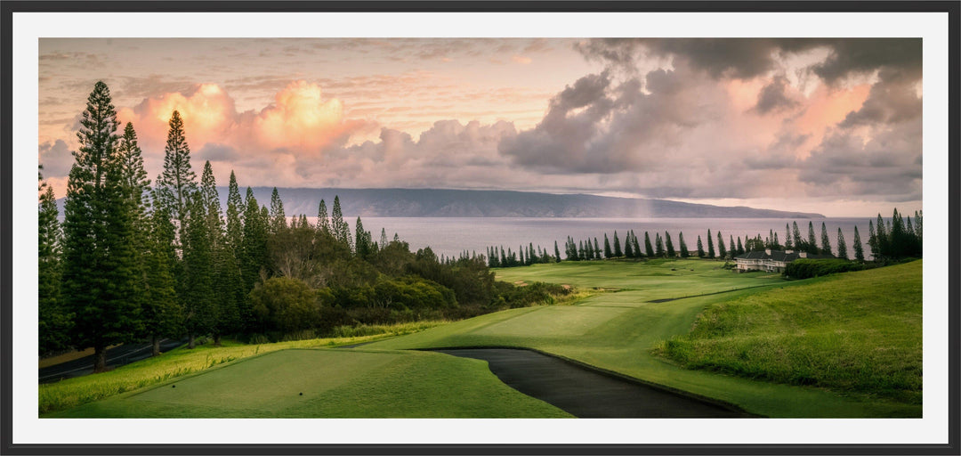 Sunrise Majesty - Maui Fine Art Collective - 3500-5500, 800-3500, Acrylic, Artwork, Best Wall Artwork, Canvas, clouds, forest, Golf, Golf Course, green, Hawaii, Hole 18, horizontal, Island, Kapalua, Kapalua Golf, Lance Ehrecke, maui, Maui Hawaii Fine Art Photography, Maui Hawaii Wall Art, Metal, New Moments, ocean, open-edition, over-5500, panoramic, pathway, Plantation Course, Prints, Sunrise, Trees, Visual Artwork, yellow