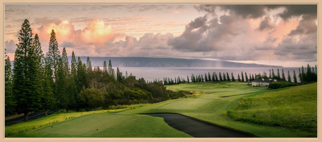 Sunrise Majesty - Maui Fine Art Collective - 3500-5500, 800-3500, Acrylic, Artwork, Best Wall Artwork, Canvas, clouds, forest, Golf, Golf Course, green, Hawaii, Hole 18, horizontal, Island, Kapalua, Kapalua Golf, Lance Ehrecke, maui, Maui Hawaii Fine Art Photography, Maui Hawaii Wall Art, Metal, New Moments, ocean, open-edition, over-5500, panoramic, pathway, Plantation Course, Prints, Sunrise, Trees, Visual Artwork, yellow