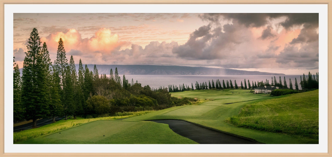 Sunrise Majesty - Maui Fine Art Collective - 3500-5500, 800-3500, Acrylic, Artwork, Best Wall Artwork, Canvas, clouds, forest, Golf, Golf Course, green, Hawaii, Hole 18, horizontal, Island, Kapalua, Kapalua Golf, Lance Ehrecke, maui, Maui Hawaii Fine Art Photography, Maui Hawaii Wall Art, Metal, New Moments, ocean, open-edition, over-5500, panoramic, pathway, Plantation Course, Prints, Sunrise, Trees, Visual Artwork, yellow