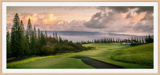 Sunrise Majesty - Maui Fine Art Collective - 3500-5500, 800-3500, Acrylic, Artwork, Best Wall Artwork, Canvas, clouds, forest, Golf, Golf Course, green, Hawaii, Hole 18, horizontal, Island, Kapalua, Kapalua Golf, Lance Ehrecke, maui, Maui Hawaii Fine Art Photography, Maui Hawaii Wall Art, Metal, New Moments, ocean, open-edition, over-5500, panoramic, pathway, Plantation Course, Prints, Sunrise, Trees, Visual Artwork, yellow