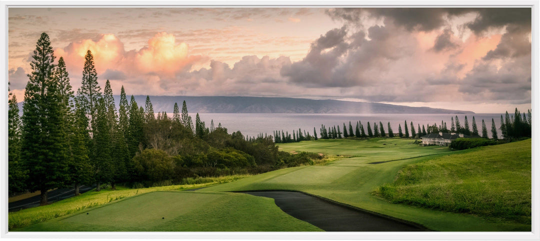 Sunrise Majesty - Maui Fine Art Collective - 3500-5500, 800-3500, Acrylic, Artwork, Best Wall Artwork, Canvas, clouds, forest, Golf, Golf Course, green, Hawaii, Hole 18, horizontal, Island, Kapalua, Kapalua Golf, Lance Ehrecke, maui, Maui Hawaii Fine Art Photography, Maui Hawaii Wall Art, Metal, New Moments, ocean, open-edition, over-5500, panoramic, pathway, Plantation Course, Prints, Sunrise, Trees, Visual Artwork, yellow