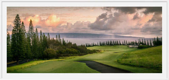 Sunrise Majesty - Maui Fine Art Collective - 3500-5500, 800-3500, Acrylic, Artwork, Best Wall Artwork, Canvas, clouds, forest, Golf, Golf Course, green, Hawaii, Hole 18, horizontal, Island, Kapalua, Kapalua Golf, Lance Ehrecke, maui, Maui Hawaii Fine Art Photography, Maui Hawaii Wall Art, Metal, New Moments, ocean, open-edition, over-5500, panoramic, pathway, Plantation Course, Prints, Sunrise, Trees, Visual Artwork, yellow