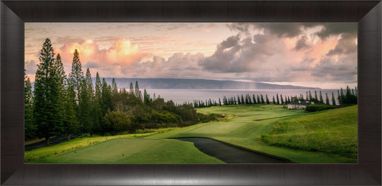 Sunrise Majesty - Maui Fine Art Collective - 3500-5500, 800-3500, Acrylic, Artwork, Best Wall Artwork, Canvas, clouds, forest, Golf, Golf Course, green, Hawaii, Hole 18, horizontal, Island, Kapalua, Kapalua Golf, Lance Ehrecke, maui, Maui Hawaii Fine Art Photography, Maui Hawaii Wall Art, Metal, New Moments, ocean, open-edition, over-5500, panoramic, pathway, Plantation Course, Prints, Sunrise, Trees, Visual Artwork, yellow