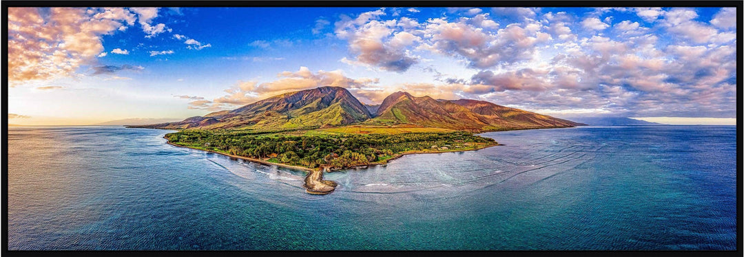 The Landings - Maui Fine Art Collective - 3500-5500, 800-3500, aerial, beach, Best Wall Artwork, black, blue, clouds, green, Hawaii, Island, Lance Ehrecke, maui, Maui Hawaii Fine Art Photography, Maui Hawaii Wall Art, ocean, olowalu, open-edition, over-5500, panoramic, Reef, rocks, sand, size-20-x-60, size-30-x-90, teal, Water, waves