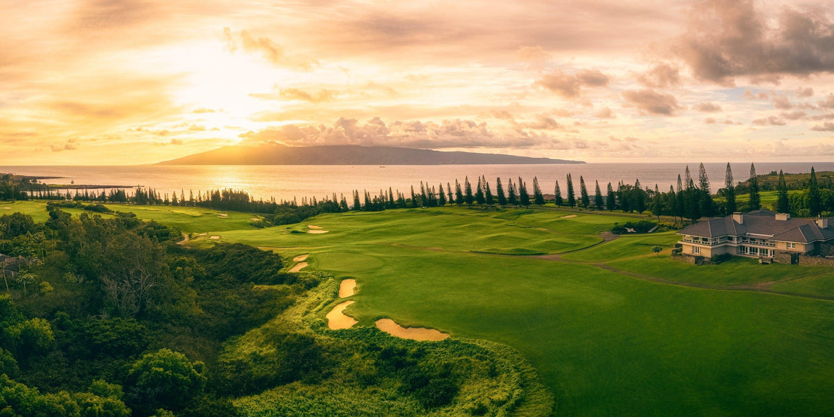 Twilight Triumph by Lance Ehrecke, sunset photograph of Hole 18 at Kapalua's Plantation Course.