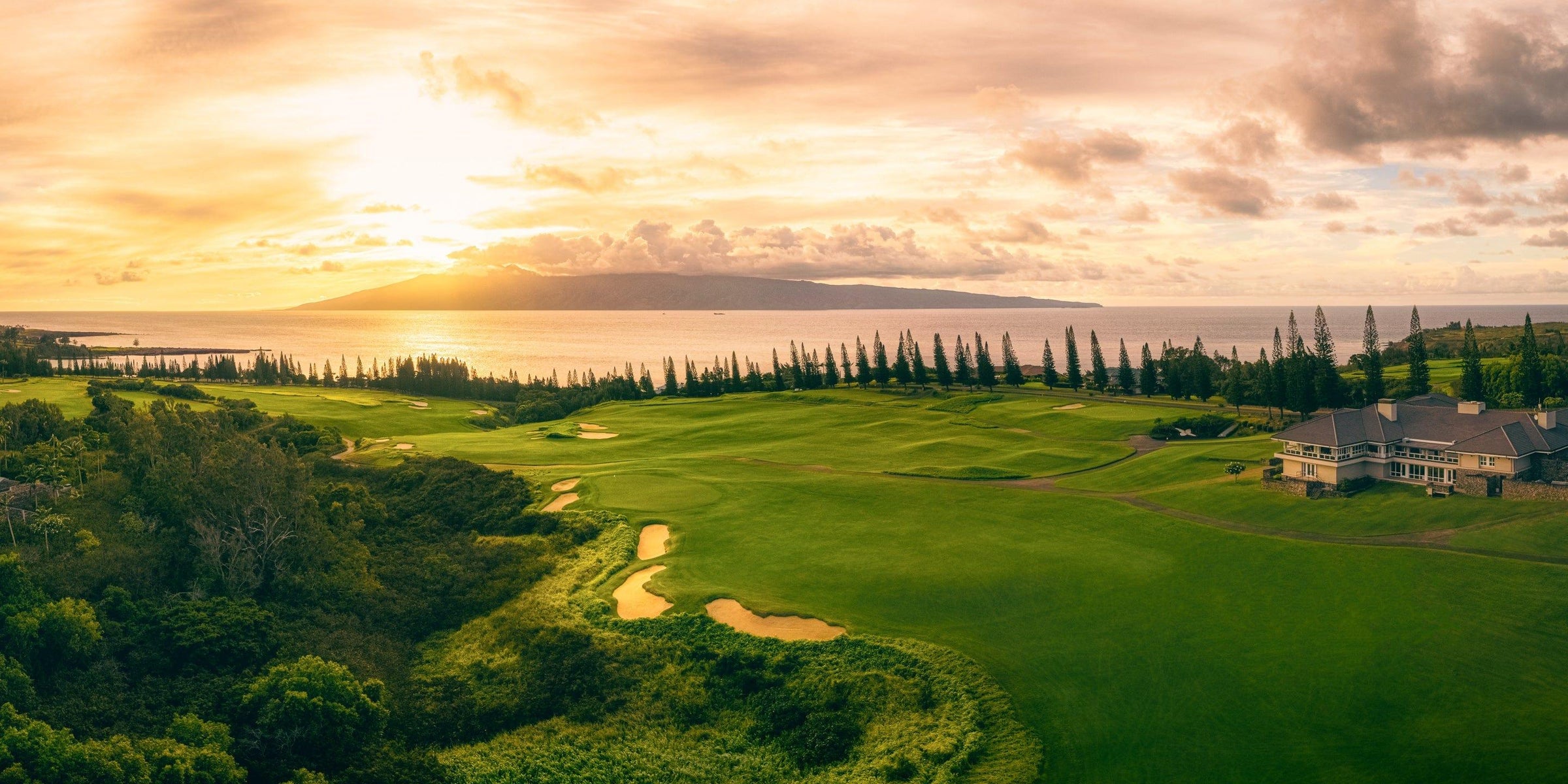 Twilight Triumph by Lance Ehrecke, sunset photograph of Hole 18 at Kapalua's Plantation Course.