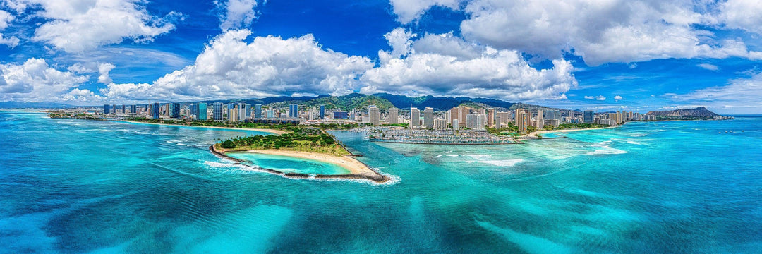 Waikiki Reef - Maui Fine Art Collective - aerial, beach, Best Wall Artwork, blue, City, clouds, Exclusive, exclusive-edition, green, Hawaii, Island, Lance Ehrecke, Maui Hawaii Fine Art Photography, Maui Hawaii Wall Art, Oahu, ocean, over-5500, sand, size-60-x-100, teal, Water, waves