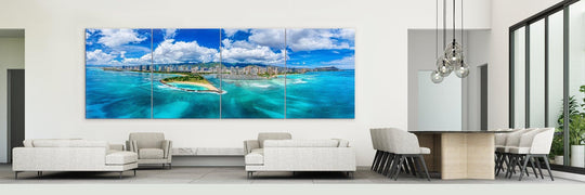 Waikiki Reef - Maui Fine Art Collective - aerial, beach, Best Wall Artwork, blue, City, clouds, Exclusive, exclusive-edition, green, Hawaii, Island, Lance Ehrecke, Maui Hawaii Fine Art Photography, Maui Hawaii Wall Art, Oahu, ocean, over-5500, sand, size-60-x-100, teal, Water, waves