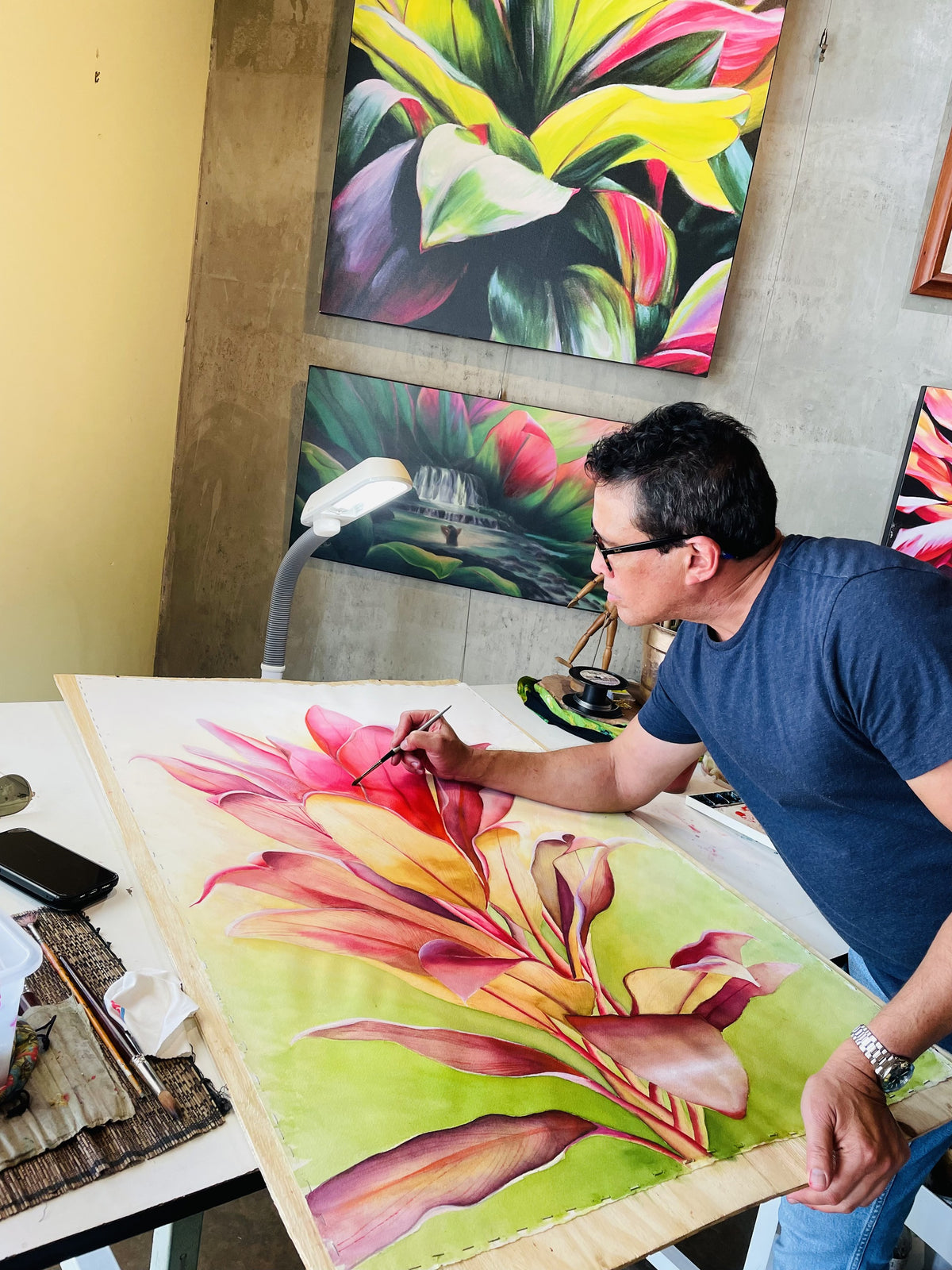 Erin Sabado painting Wailea Ti in studio, 2022, before signature