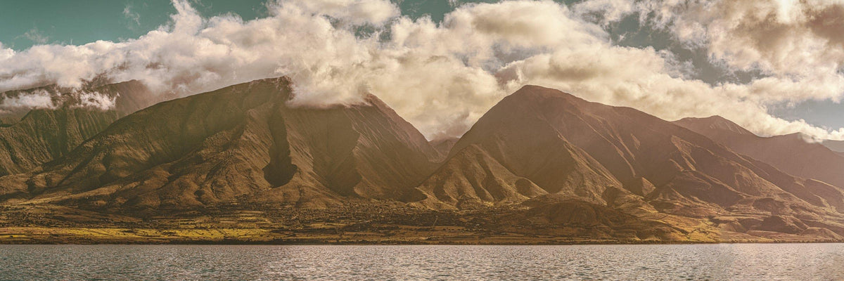 West Maui Mountain Majesty by Lance Ehrecke, panoramic morning photograph of the West Maui Mountains from offshore.